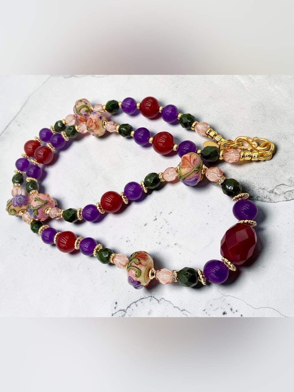 Artisan Handmade Amethyst Carnelian Lampwork Floral Necklace 20” Gold Floral Lux - Picture 14 of 17